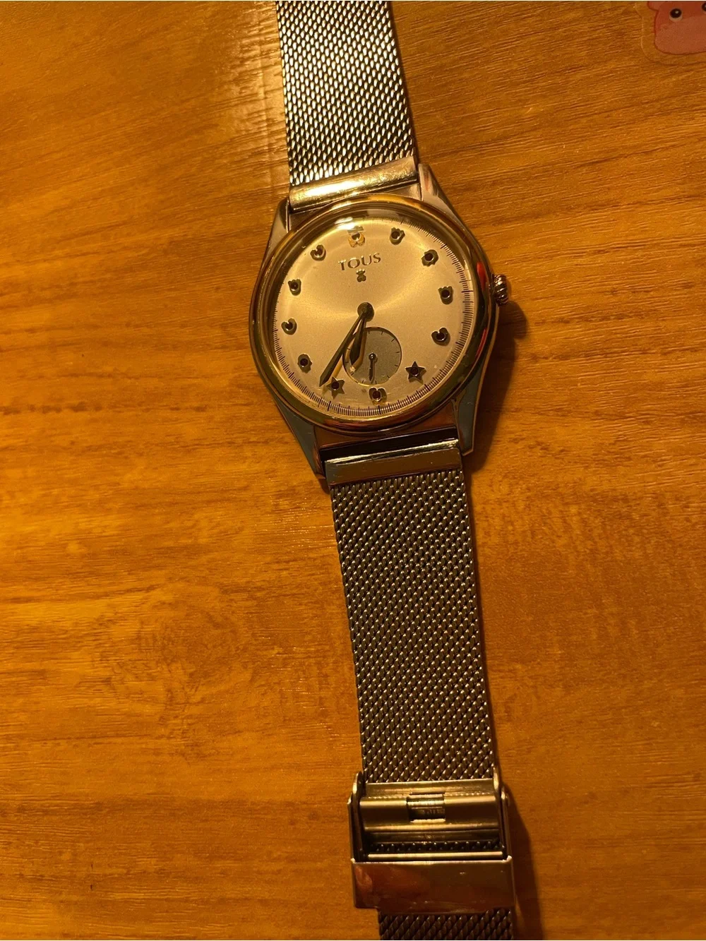 TOUS Silver Mesh Strap Watch with Heart and Star Markers and Ruby